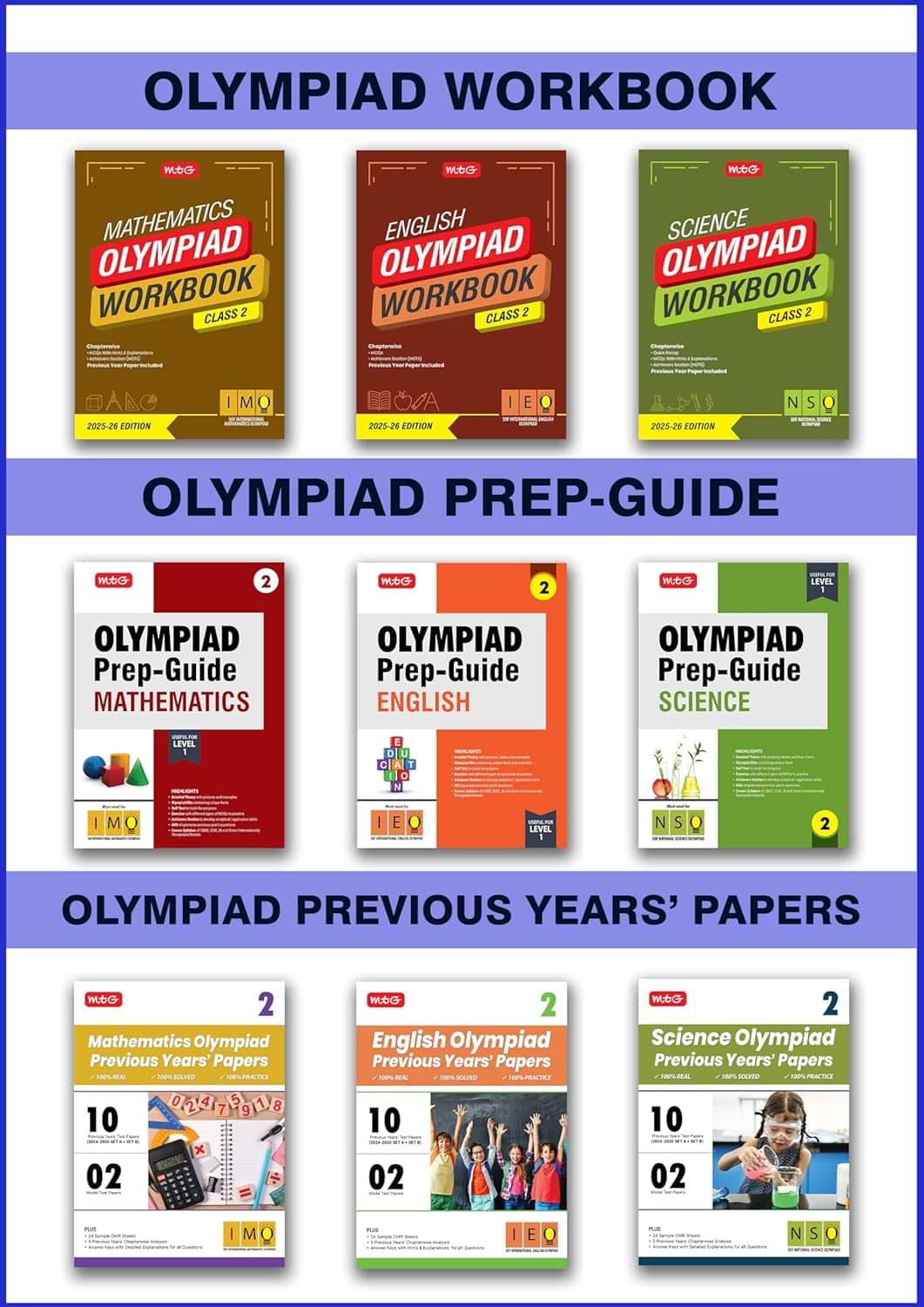 MTG Class-2 Mathematics, Science & English (IMO-NSO-IEO) Olympiad Workbook, Prep-Guide & Previous Years Papers (PYQs) - SOF Olympiad Books For 2025-26 Exam (Set of 9 Books) MTG Class-2 Mathematics, Science & English (IMO-NSO-IEO) Olympiad Workbook, Prep-Guide & Previous Years Papers (PYQs) - SOF Olympiad Books For 2025-26 Exam (Set of 9 Books)