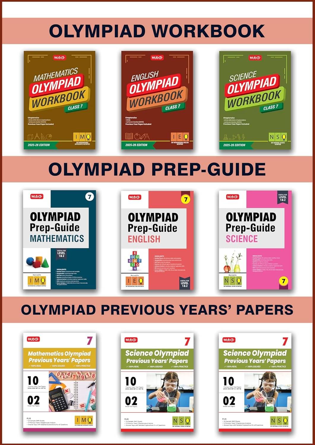 MTG Class-7 Mathematics, Science & English (IMO-NSO-IEO) Olympiad Workbook, Prep-Guide & Previous Years Papers (PYQs) - SOF Olympiad Books For 2025-26 Exam (Set of 9 Books) MTG Class-7 Mathematics, Science & English (IMO-NSO-IEO) Olympiad Workbook, Prep-Guide & Previous Years Papers (PYQs) - SOF Olympiad Books For 2025-26 Exam (Set of 9 Books)