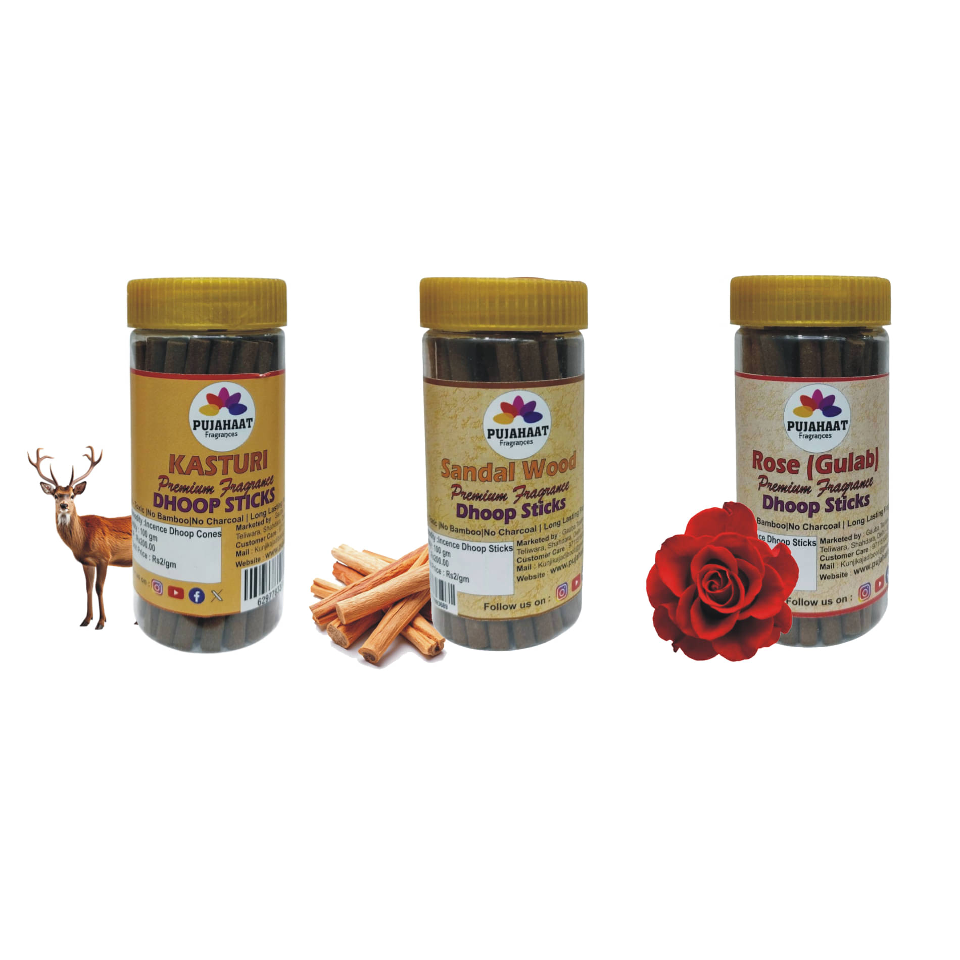     			Pujahaat Incense Dhoop Sticks Chandan,Kasturi,Rose 300 gm ( Pack of 3 )