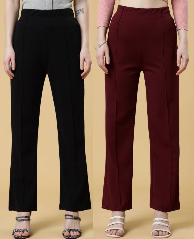     			Qyaas Pack of 2 Lycra Relaxed Women's Casual Pants ( Black,Maroon )