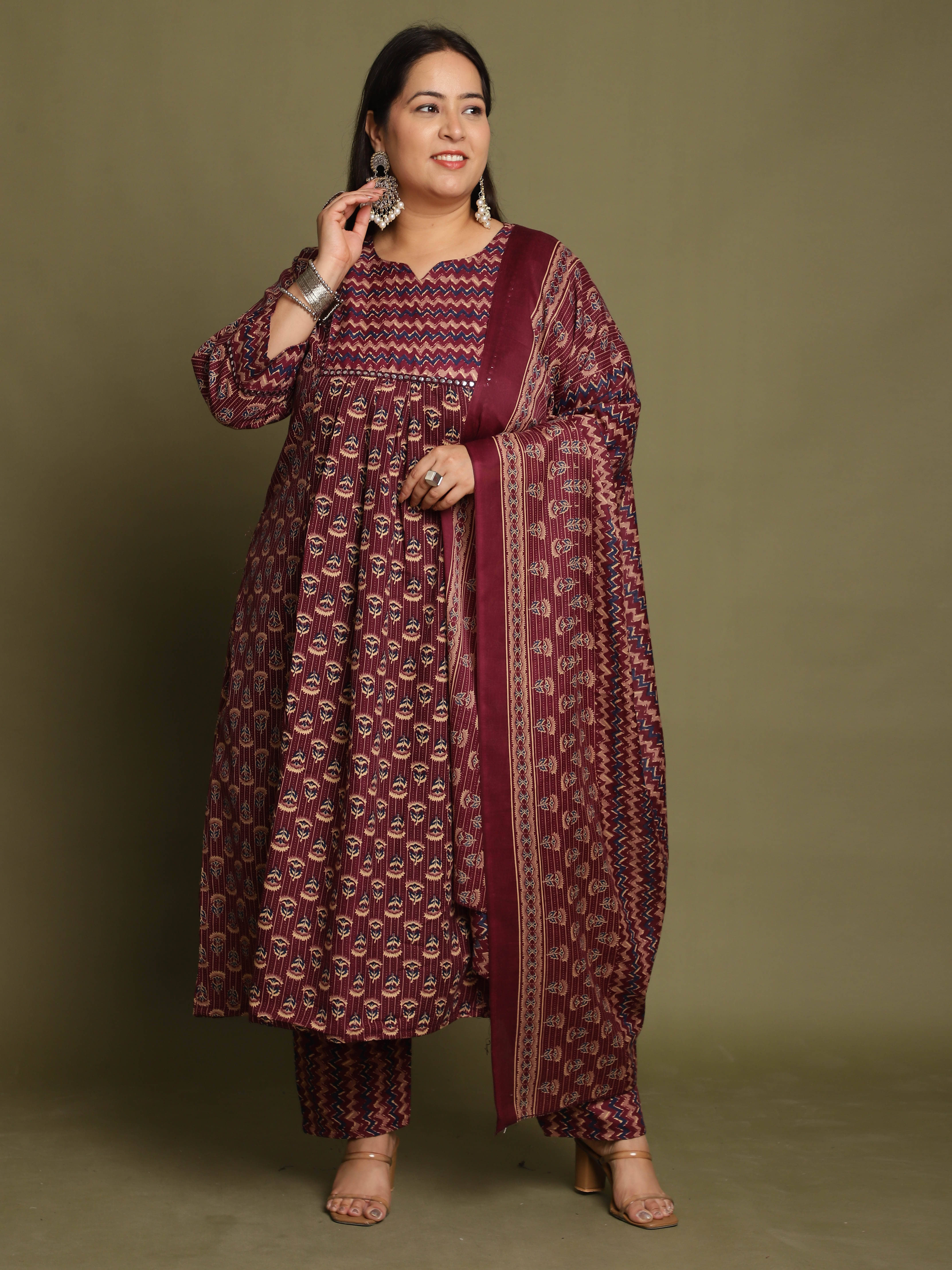 Rajnandini Women Cotton Blend Printed Flared Kurti With Pants ( Wine )