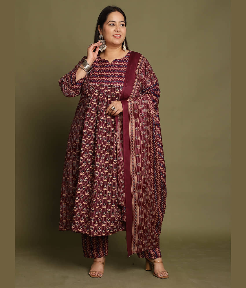 Rajnandini Women Cotton Blend Printed Flared Kurti With Pants ( Wine )
