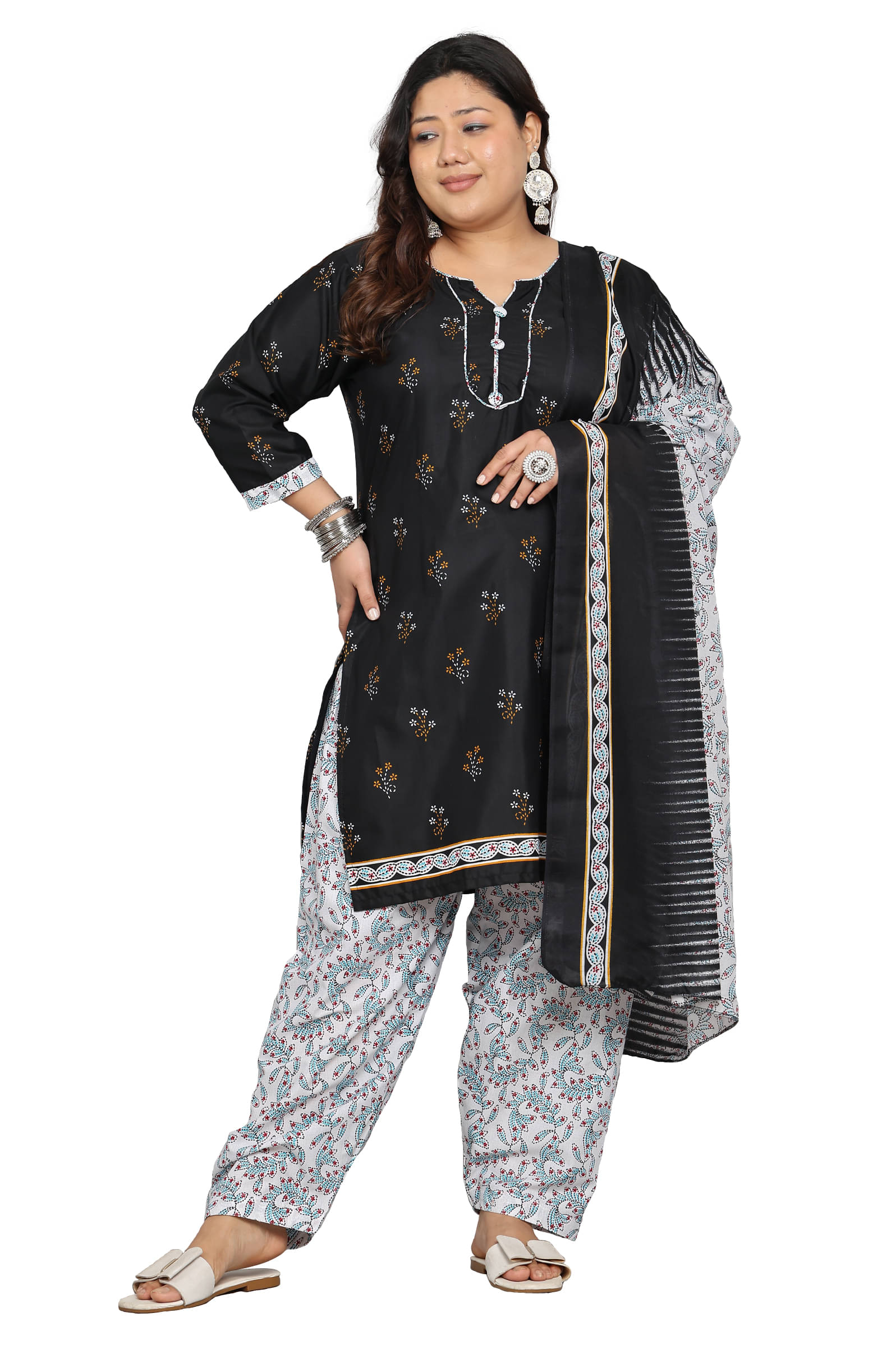     			Rajnandini Women Cotton Blend Printed Straight Kurti With Patiala Salwar ( Black )