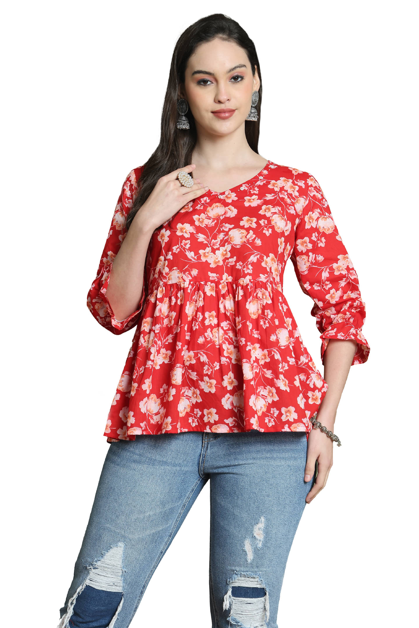 Rajnandini Women Cotton Printed A-line Kurti ( Red ) Rajnandini Women Cotton Printed A-line Kurti ( Red )