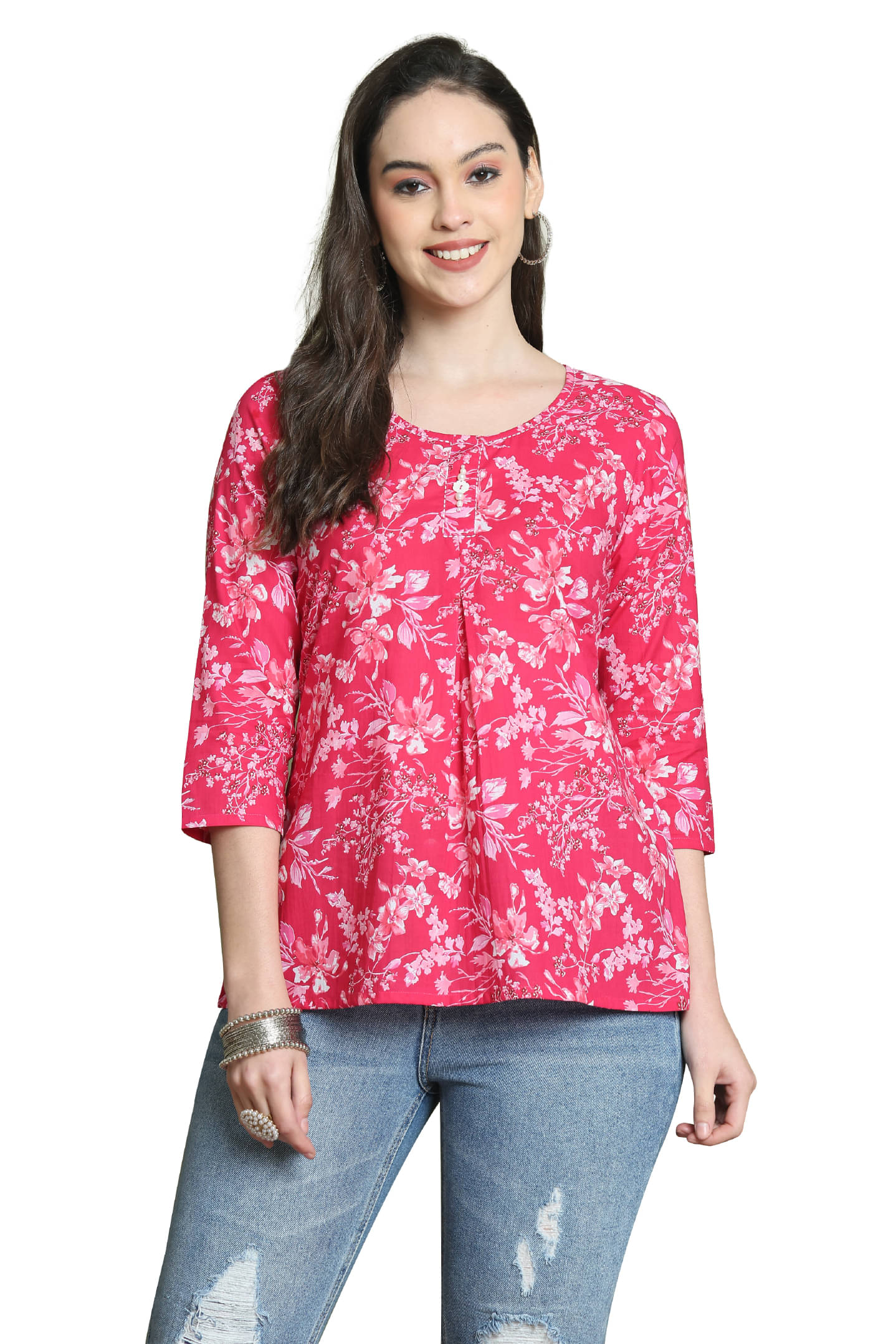 Rajnandini Women Cotton Printed A-line Kurti ( Pink )     			Rajnandini Women Cotton Printed A-line Kurti ( Pink )