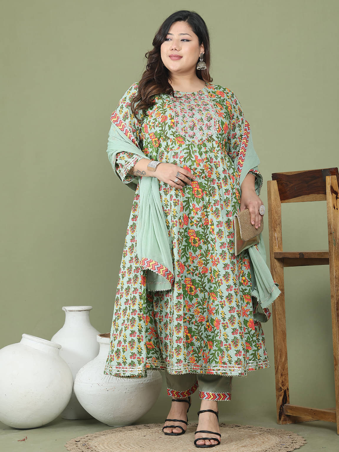     			Rajnandini Women Cotton Printed Anarkali Kurti With Pants ( Green )