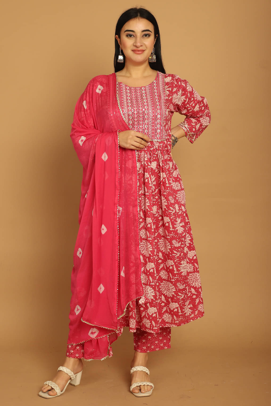     			Rajnandini Women Cotton Printed Nayra Kurti With Pants ( Pink )