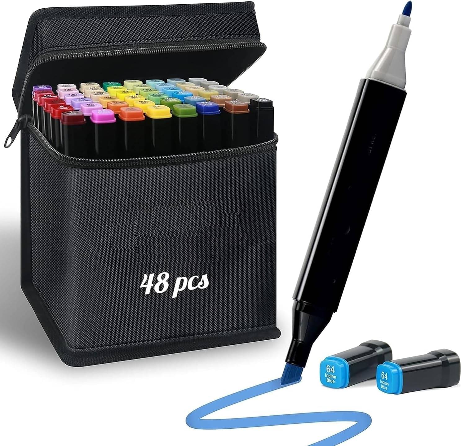     			SKYVILLA Dual Tip Art Markers 48 Colours with Carrying Case for Painting Sketching Calligraphy Drawing - Odorless & Non Toxic Twin Head Permanent Colouring Marker Pens for Kids Adult Beginners