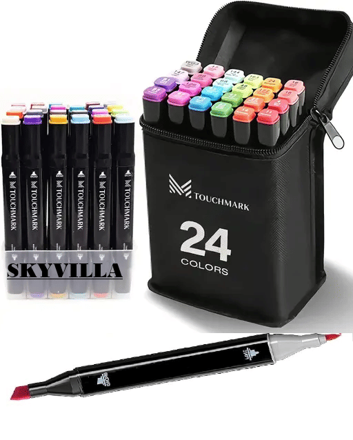     			SKYVILLA Dual Tip Colorful Art Markers Sketch Pens 24 Colors With Carrying Case For Painting Sketching Calligraphy Drawing -Twin Head Permanent Colouring Marker Pens For Kids Adult, Multicolor (24)