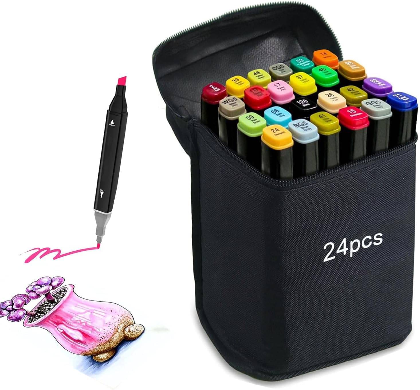     			SKYVILLA Dual Tip Colorful Art Markers Sketch Pens 24 Colors With Carrying Case For Painting Sketching Calligraphy Drawing -Twin Head Permanent  Marker Pens For Kids Adult, Multicolor (24)