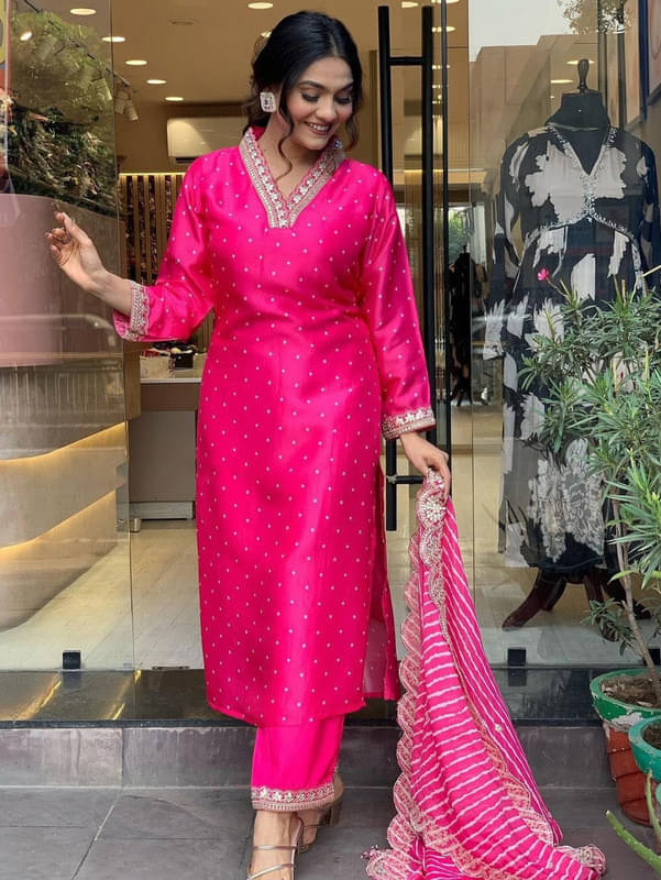Supar Sleave Women Chanderi Embroidered Straight Kurti With Pants ( Pink )     			Supar Sleave Women Chanderi Embroidered Straight Kurti With Pants ( Pink )