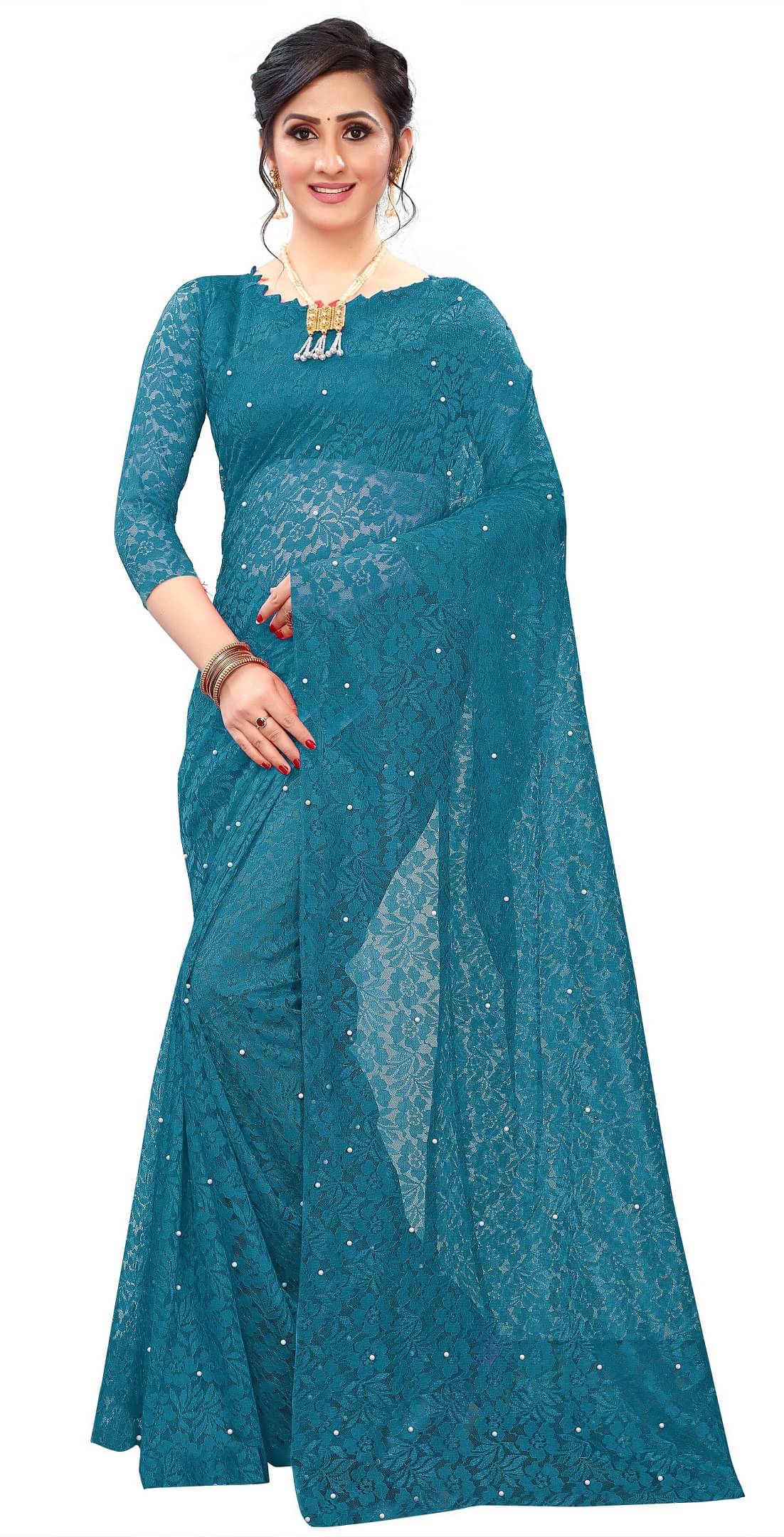 VISHODHA Net Embroidered Saree With Stitched Blouse ( Rama ) VISHODHA Net Embroidered Saree With Stitched Blouse ( Rama )