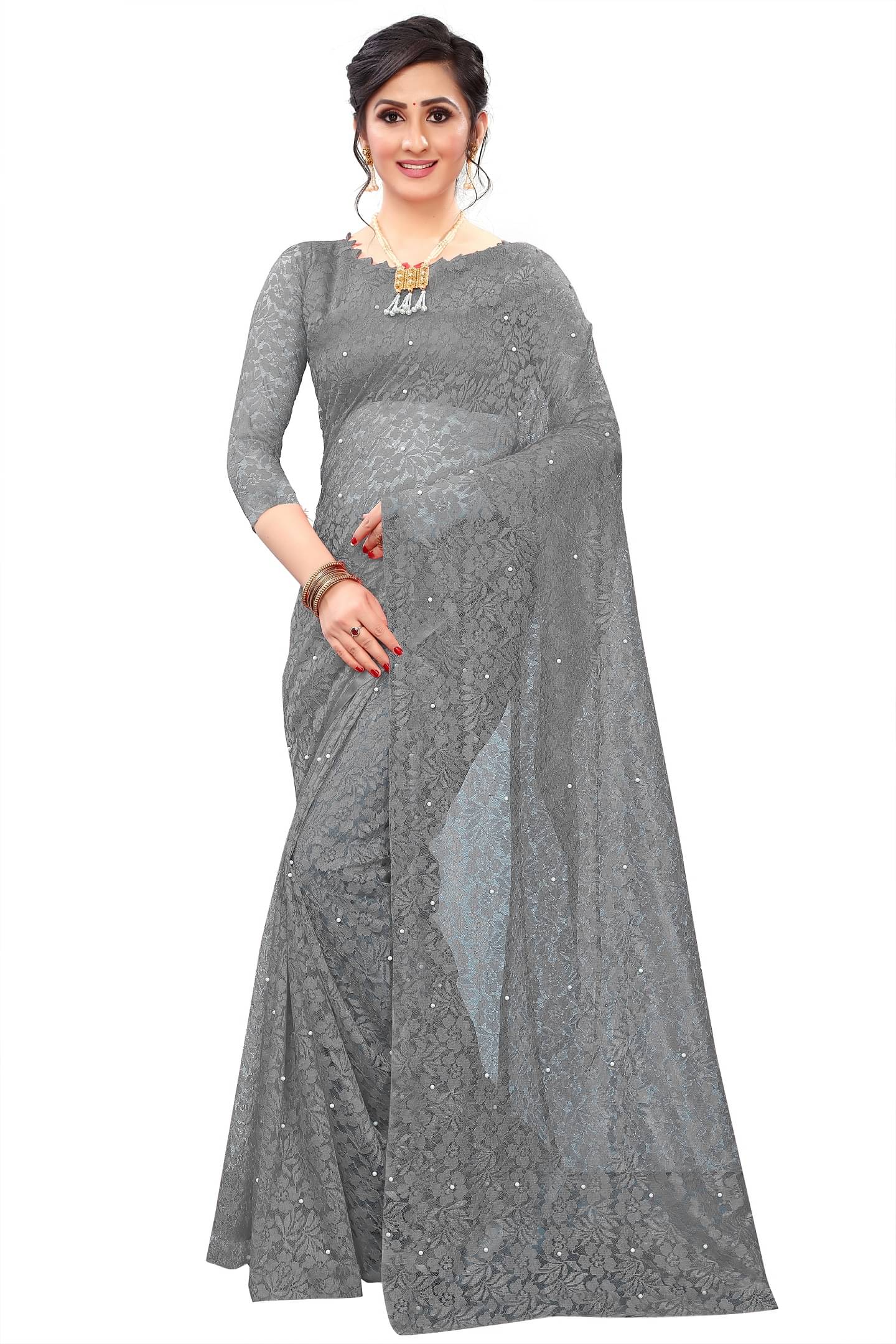 VISHODHA Net Embroidered Saree With Stitched Blouse ( Grey ) VISHODHA Net Embroidered Saree With Stitched Blouse ( Grey )