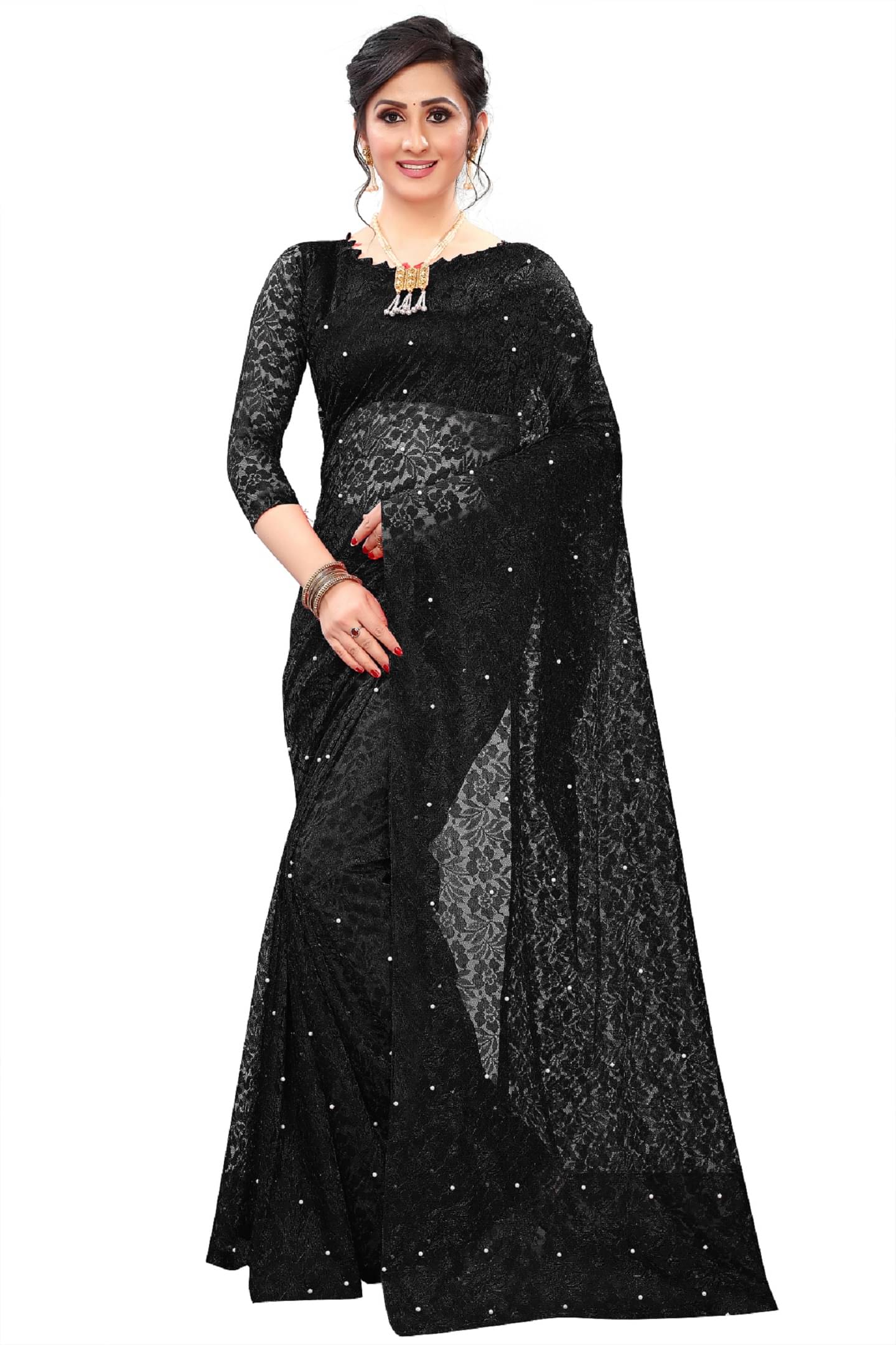 VISHODHA Net Embroidered Saree With Stitched Blouse ( Black ) VISHODHA Net Embroidered Saree With Stitched Blouse ( Black )