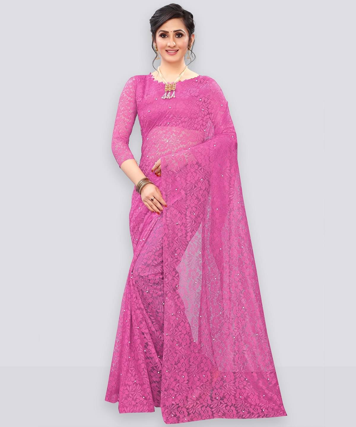 VISHODHA Net Embroidered Saree With Stitched Blouse ( Pink ) VISHODHA Net Embroidered Saree With Stitched Blouse ( Pink )