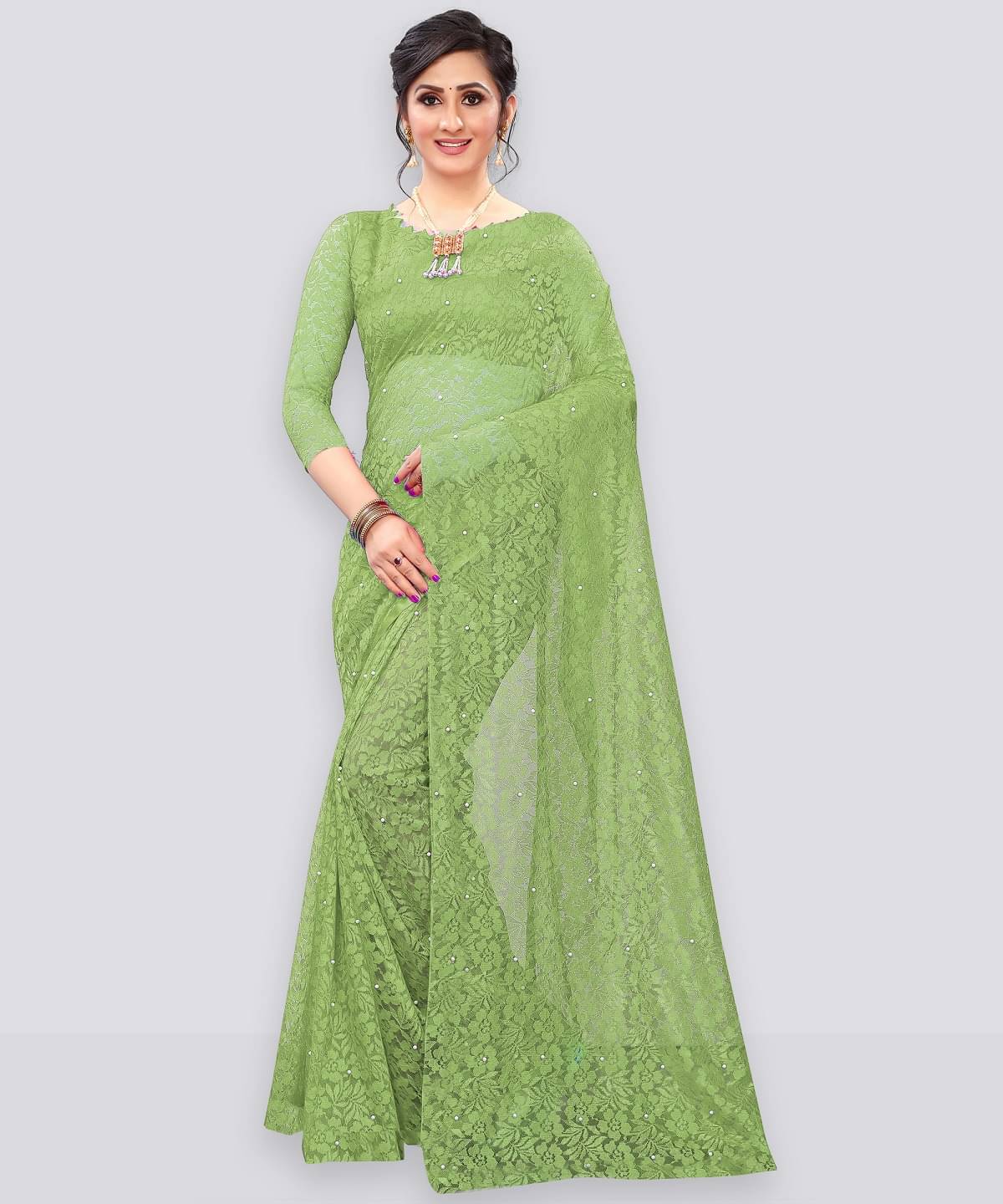 VISHODHA Net Embroidered Saree With Stitched Blouse ( Light Green ) VISHODHA Net Embroidered Saree With Stitched Blouse ( Light Green )