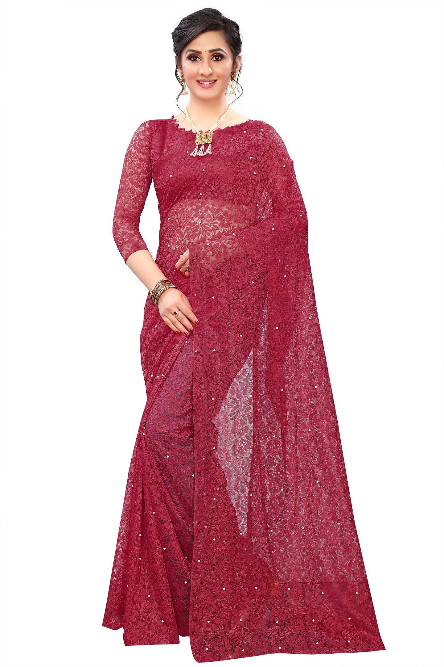 VISHODHA Net Embroidered Saree With Stitched Blouse ( Maroon ) VISHODHA Net Embroidered Saree With Stitched Blouse ( Maroon )