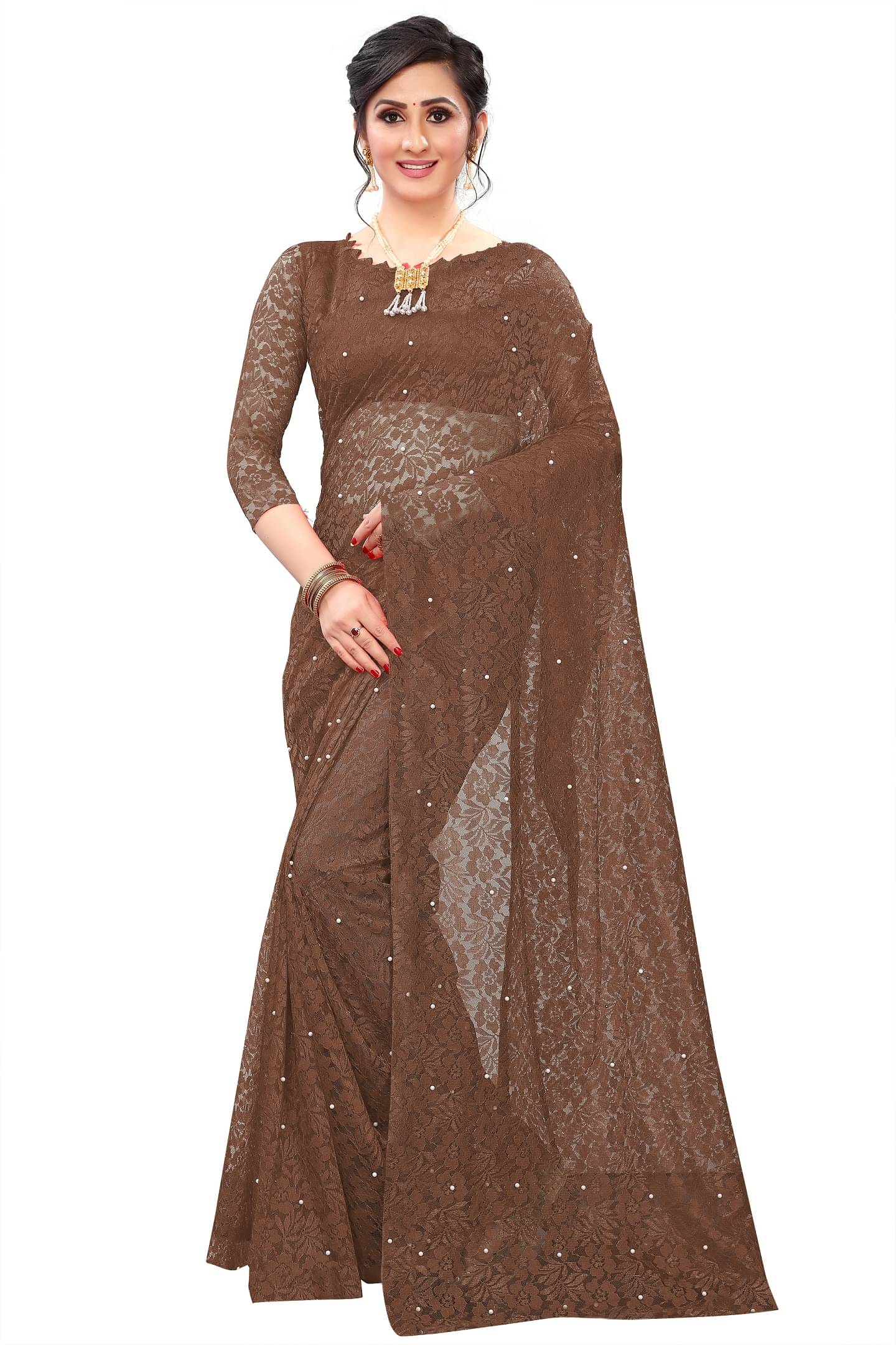 VISHODHA Net Embroidered Saree With Stitched Blouse ( Coffee ) VISHODHA Net Embroidered Saree With Stitched Blouse ( Coffee )