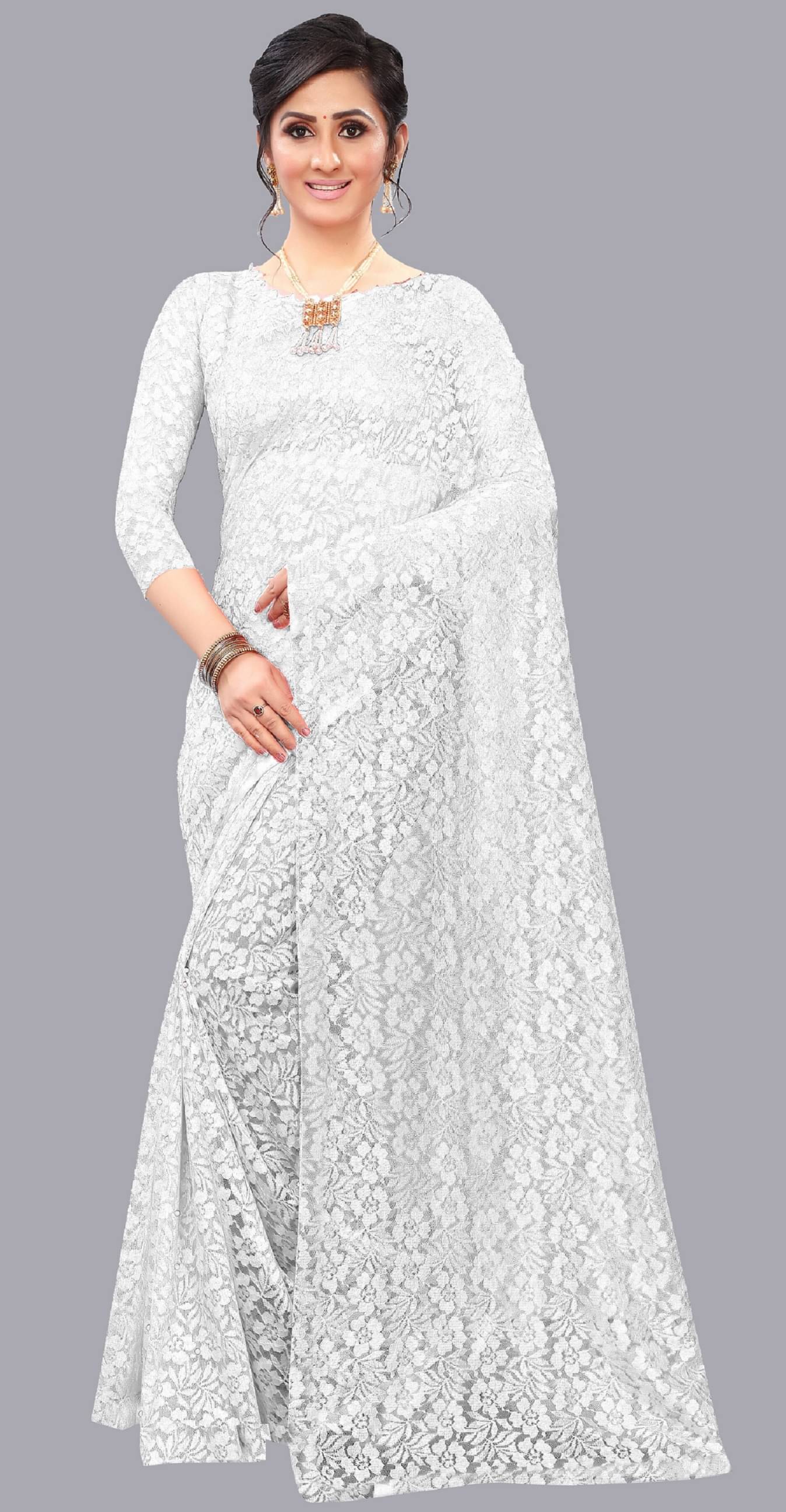 VISHODHA Net Embroidered Saree With Stitched Blouse ( White ) VISHODHA Net Embroidered Saree With Stitched Blouse ( White )