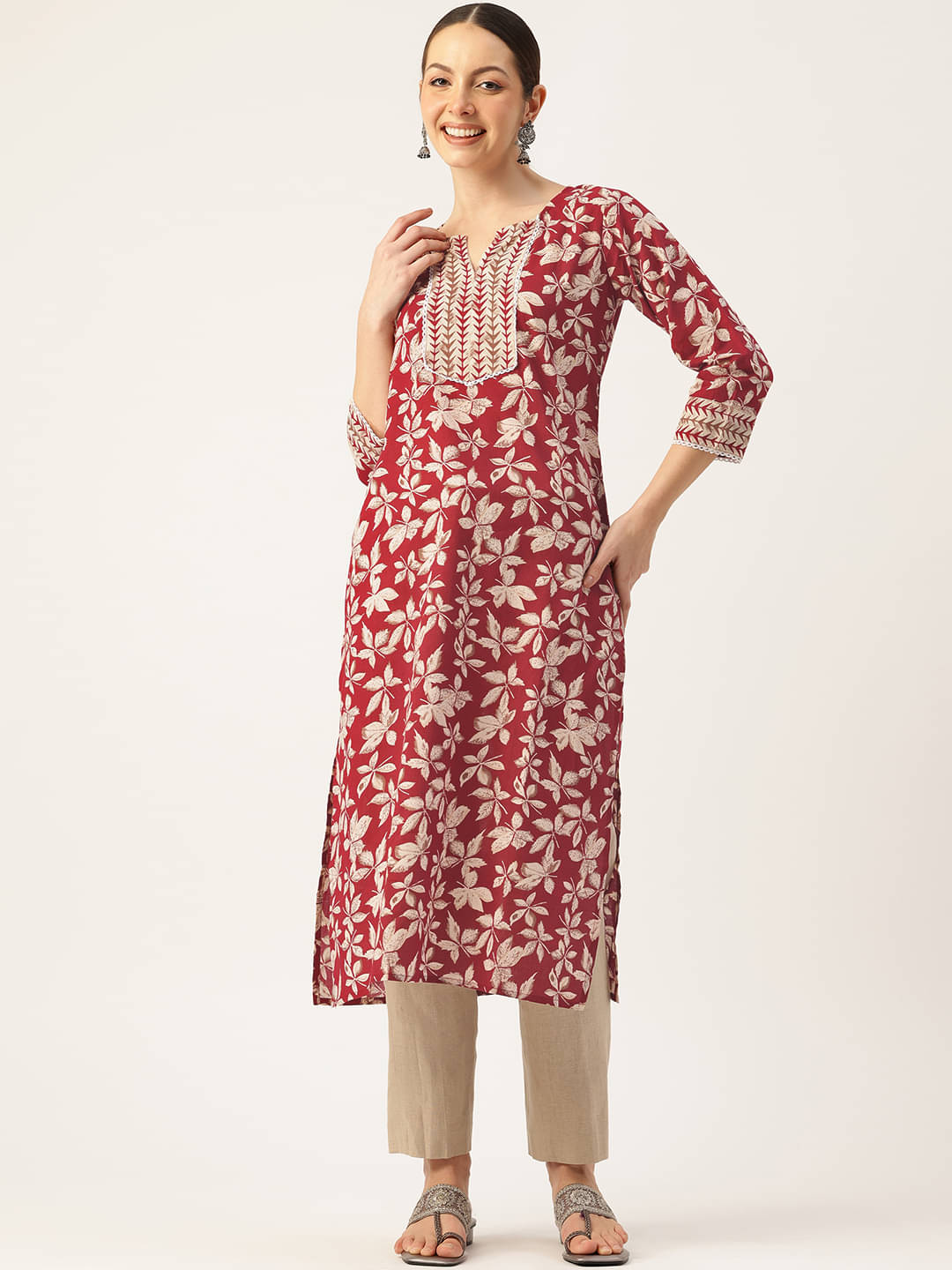     			feranoid Women 100% Cotton Printed Straight Kurti ( Maroon )