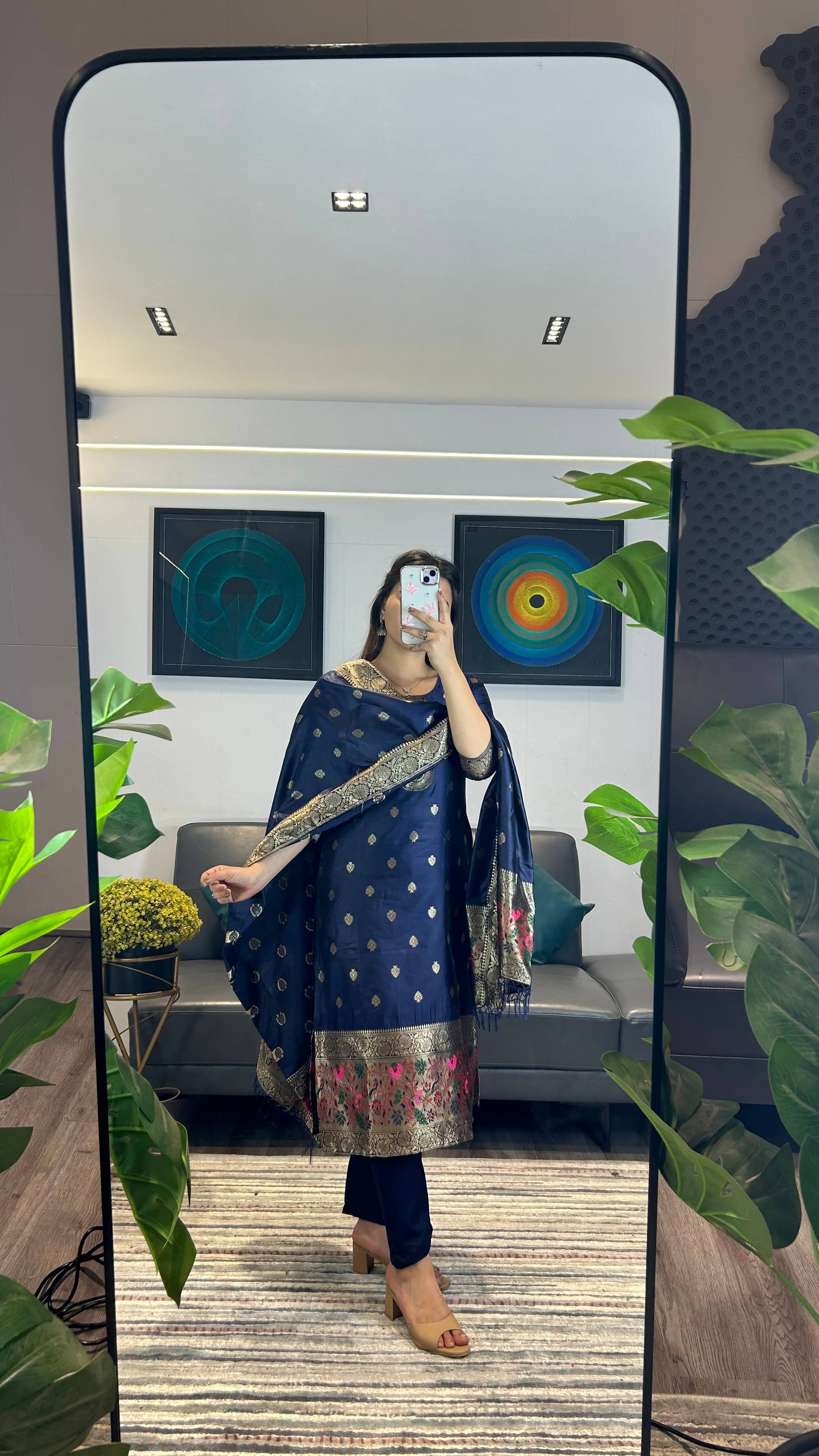     			kedar fab Women Silk Blend Printed Straight Kurti With Pants ( Blue )