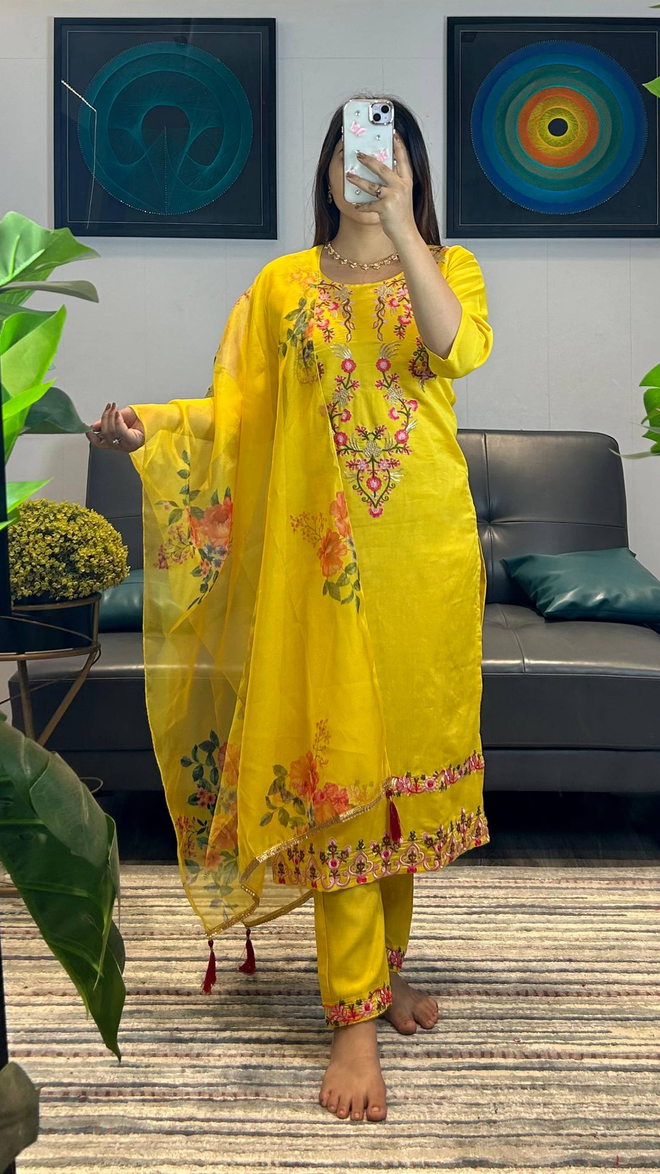     			kedar fab Women Silk Blend Embroidered Straight Kurti With Pants ( Yellow )
