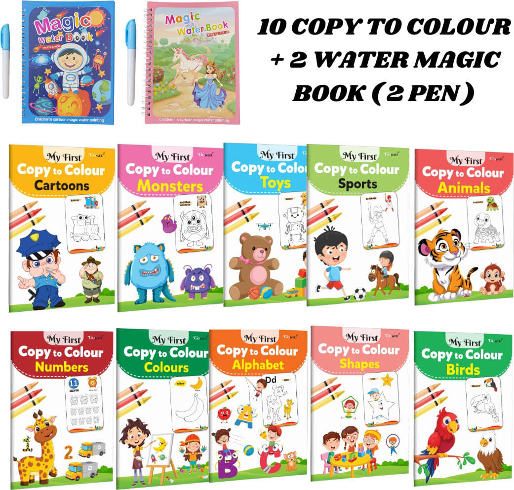 10 Copy to Colour Books for Small Kids | Covers 10+ Topics | Paired with 2 Water Magic Books + 1 Pen Each 10 Copy to Colour Books for Small Kids | Covers 10+ Topics | Paired with 2 Water Magic Books + 1 Pen Each