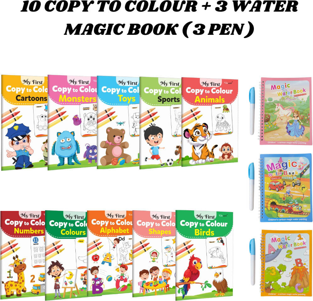 10 Copy to Colour Books for Small Kids | Covers 10+ Topics | 3 Water Magic Books with 1 Pen Each Inside 10 Copy to Colour Books for Small Kids | Covers 10+ Topics | 3 Water Magic Books with 1 Pen Each Inside