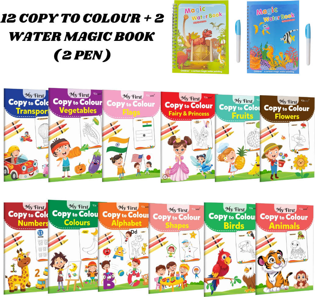     			10 Copy to Colour Books (Drawing) for Kids | ABC, Shapes & More | 2 Water Magic Books with 1 Pen Each