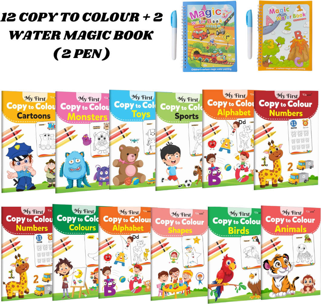 12 Copy to Colour Books (Drawing) for Kids | Numbers, Animals & More | 2 Water Magic Books with 1 Pen Each 12 Copy to Colour Books (Drawing) for Kids | Numbers, Animals & More | 2 Water Magic Books with 1 Pen Each