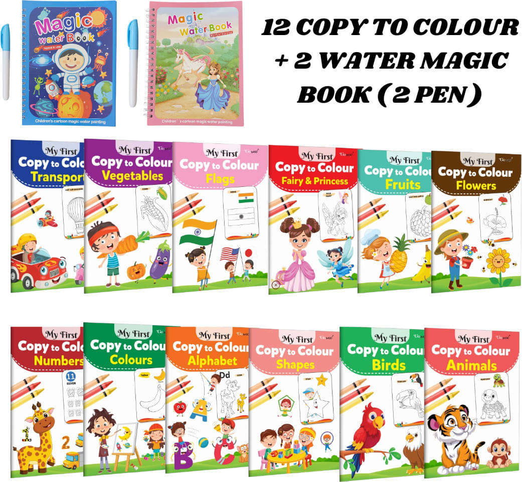 12 Copy to Colour Books for Small Kids | Over 12 Topics | 2 Water Magic Books with 1 Pen Each Included 12 Copy to Colour Books for Small Kids | Over 12 Topics | 2 Water Magic Books with 1 Pen Each Included