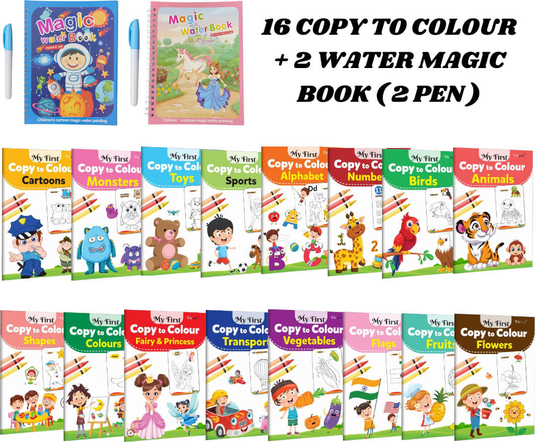     			16 Copy to Colour Books for Small Kids | Covers 16+ Topics | 2 Water Magic Books with 1 Pen Each Included
