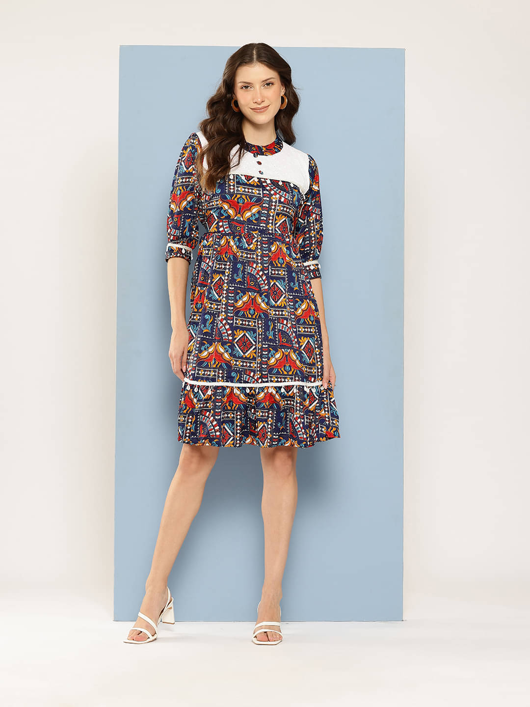 Aarika Women Polyester Printed Fit & Flare Dress ( Blue ) Aarika Women Polyester Printed Fit & Flare Dress ( Blue )