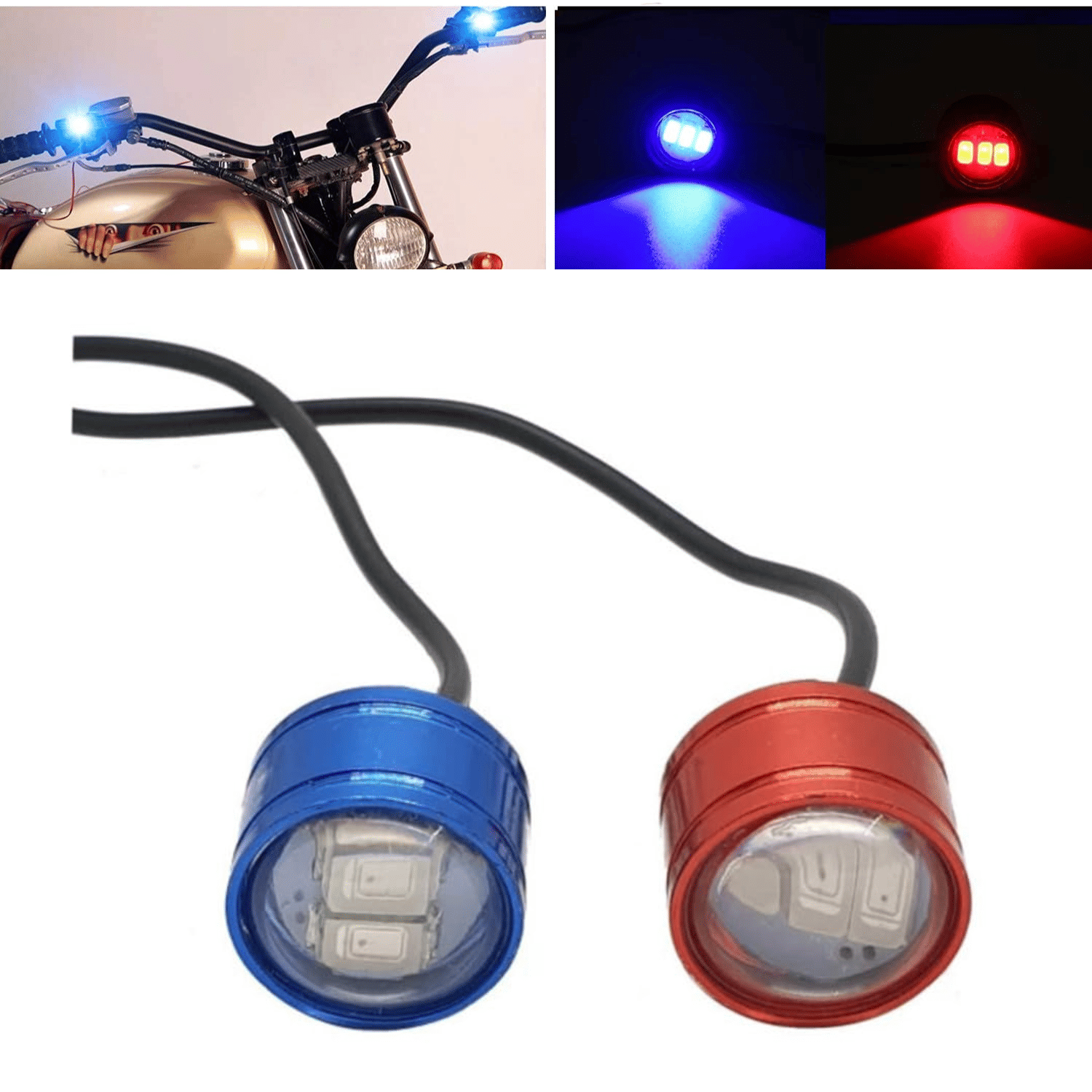 Aksmit Pcs- 2 Motorbike Mirror Decorative LED Light Eagle Eye Warming Strobe Flash Lamp Red Blue