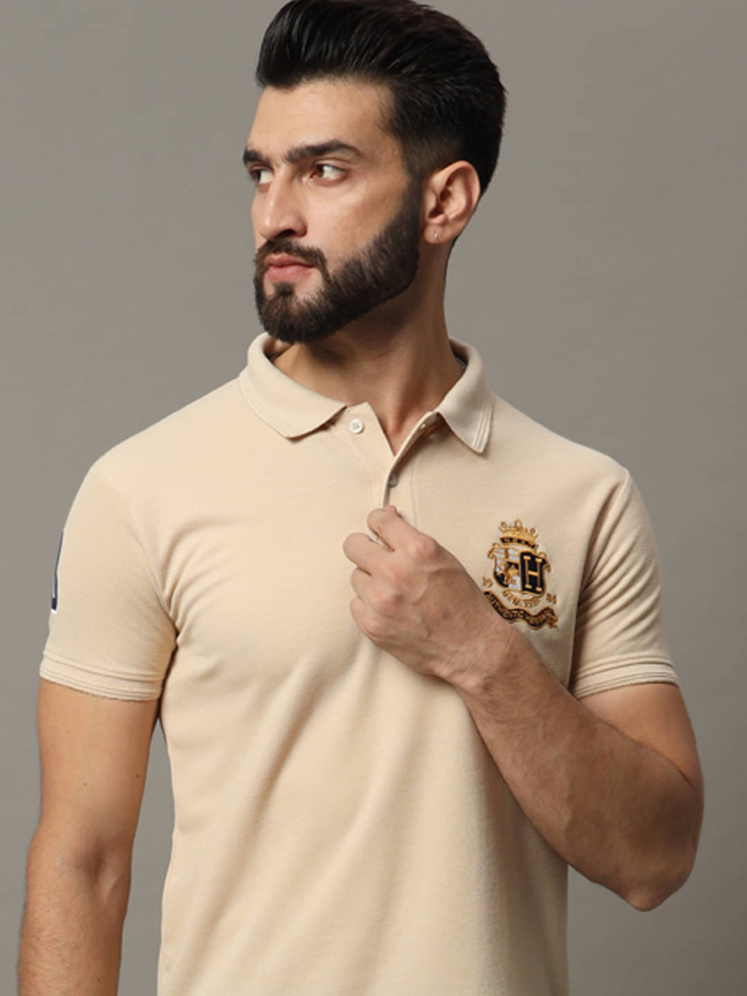COCOSOUL Men Cotton Blend Regular Fit Solid Polo T Shirt ( Beige )     			COCOSOUL Men Cotton Blend Regular Fit Solid Polo T Shirt ( Beige )