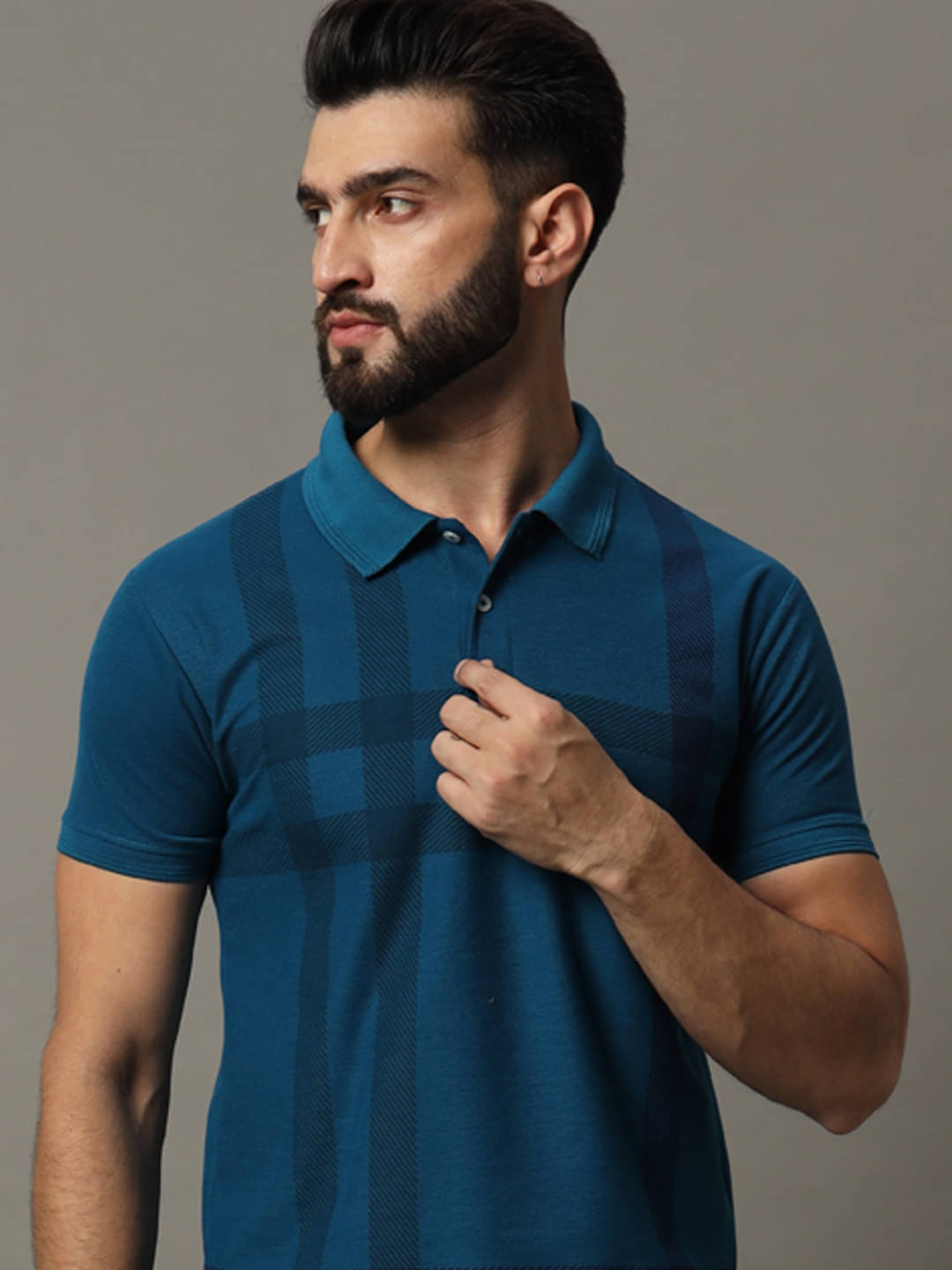 COCOSOUL Men Cotton Blend Regular Fit Checks Polo T Shirt ( Teal Blue )     			COCOSOUL Men Cotton Blend Regular Fit Checks Polo T Shirt ( Teal Blue )