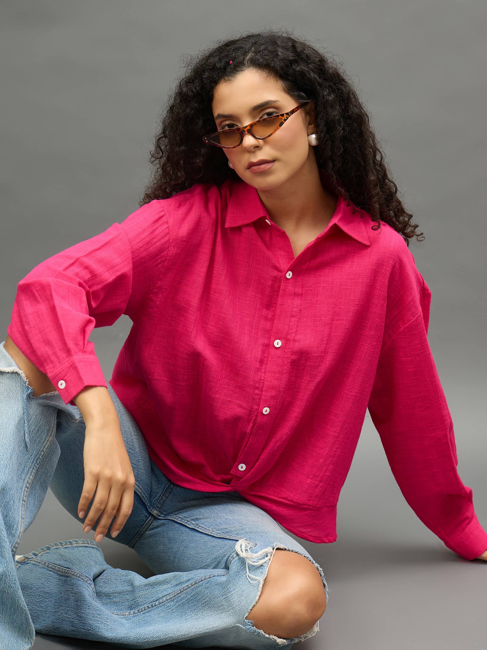 Club York Women Solid Cotton Shirt ( Pink )
