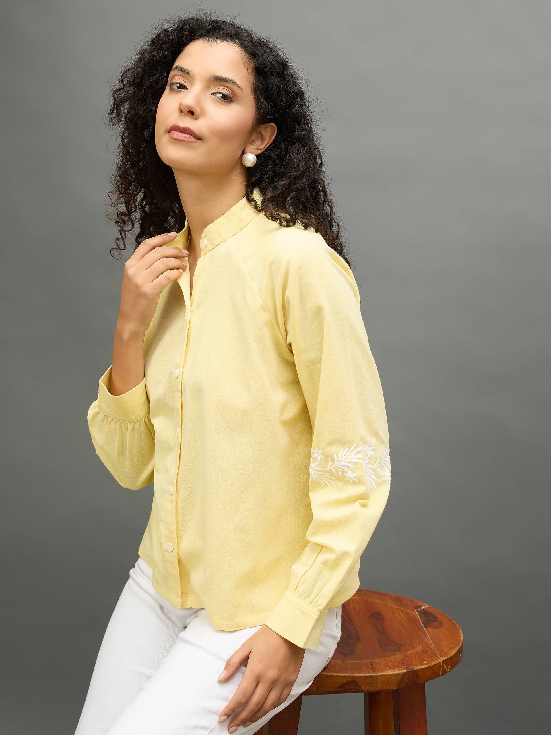 Club York Women Solid Cotton Shirt ( Yellow ) Club York Women Solid Cotton Shirt ( Yellow )