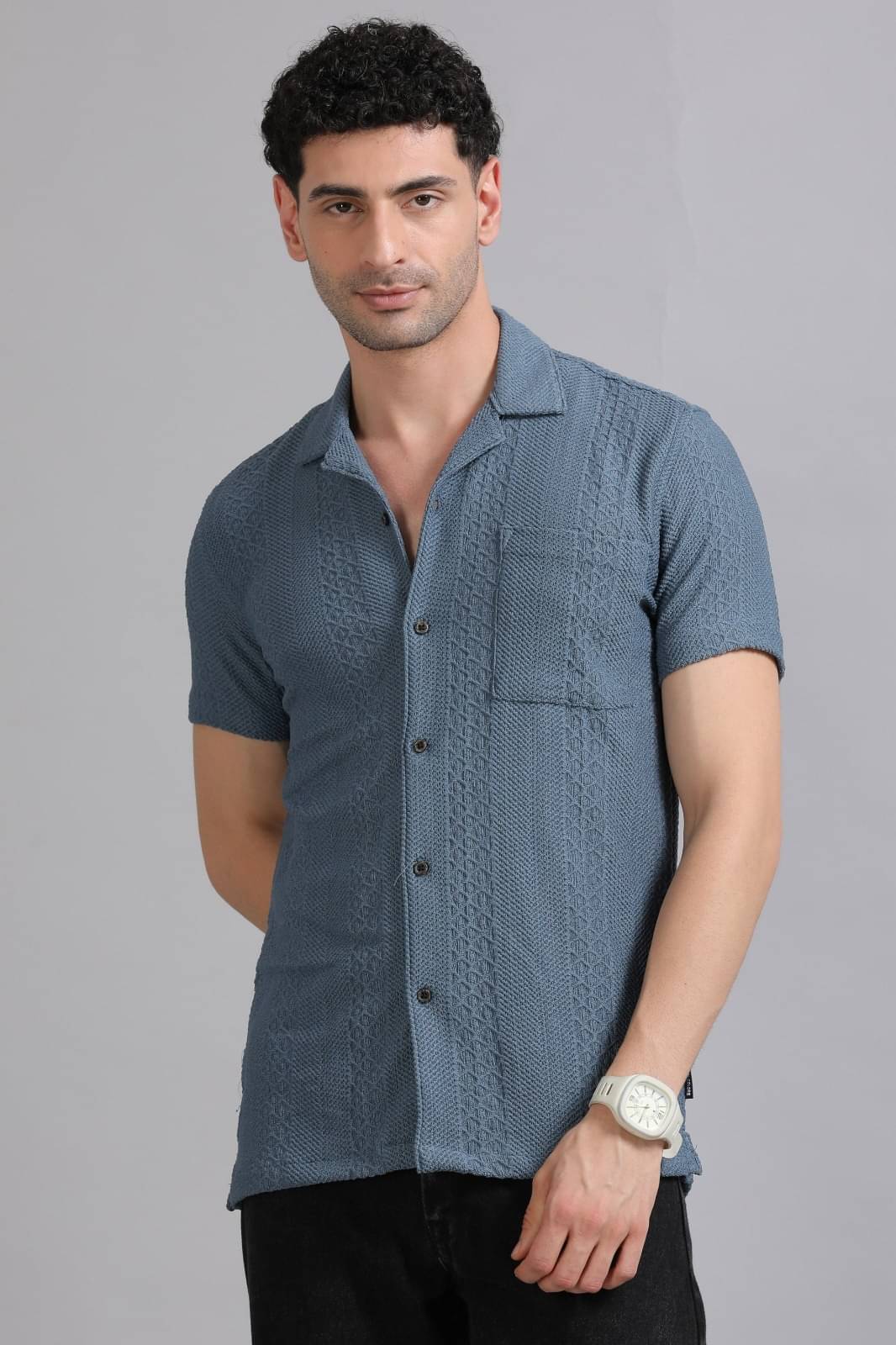     			Cool Colors Cotton Blend Slim Fit Self Design Half Sleeves Men's Casual Shirt - Blue ( Pack of 1 )
