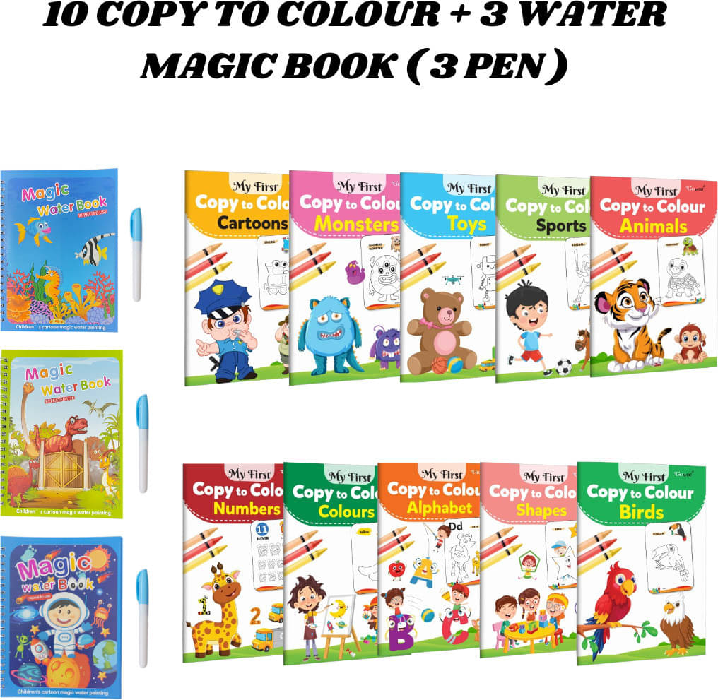 Copy to Colour Book (10 Titles) for Kids | 10+ Topics | 3 Water Magic Books + 1 Pen Each | Drawing Fun Combo Copy to Colour Book (10 Titles) for Kids | 10+ Topics | 3 Water Magic Books + 1 Pen Each | Drawing Fun Combo