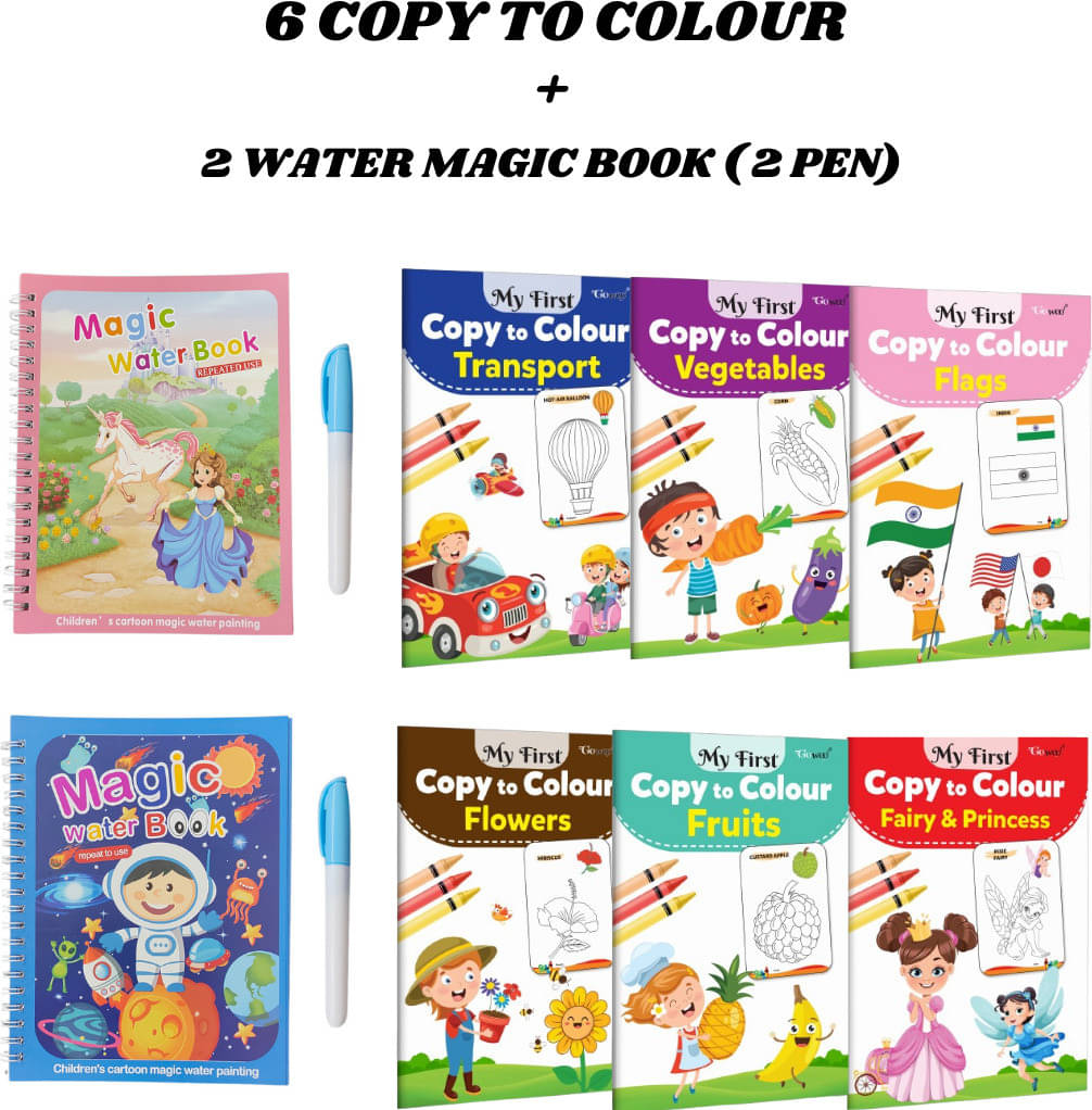 Copy to Colour Book, 4 Titles - Vegetables, Princess, Fruits, Transports, Flags & Flowers | 2 Water Magic Book with 2 Chunky-Size Pen, Space & Princess Theme for Kid's | Reusable Book | Learn & Fun Copy to Colour Book, 4 Titles - Vegetables, Princess, Fruits, Transports, Flags & Flowers | 2 Water Magic Book with 2 Chunky-Size Pen, Space & Princess Theme for Kid's | Reusable Book | Learn & Fun