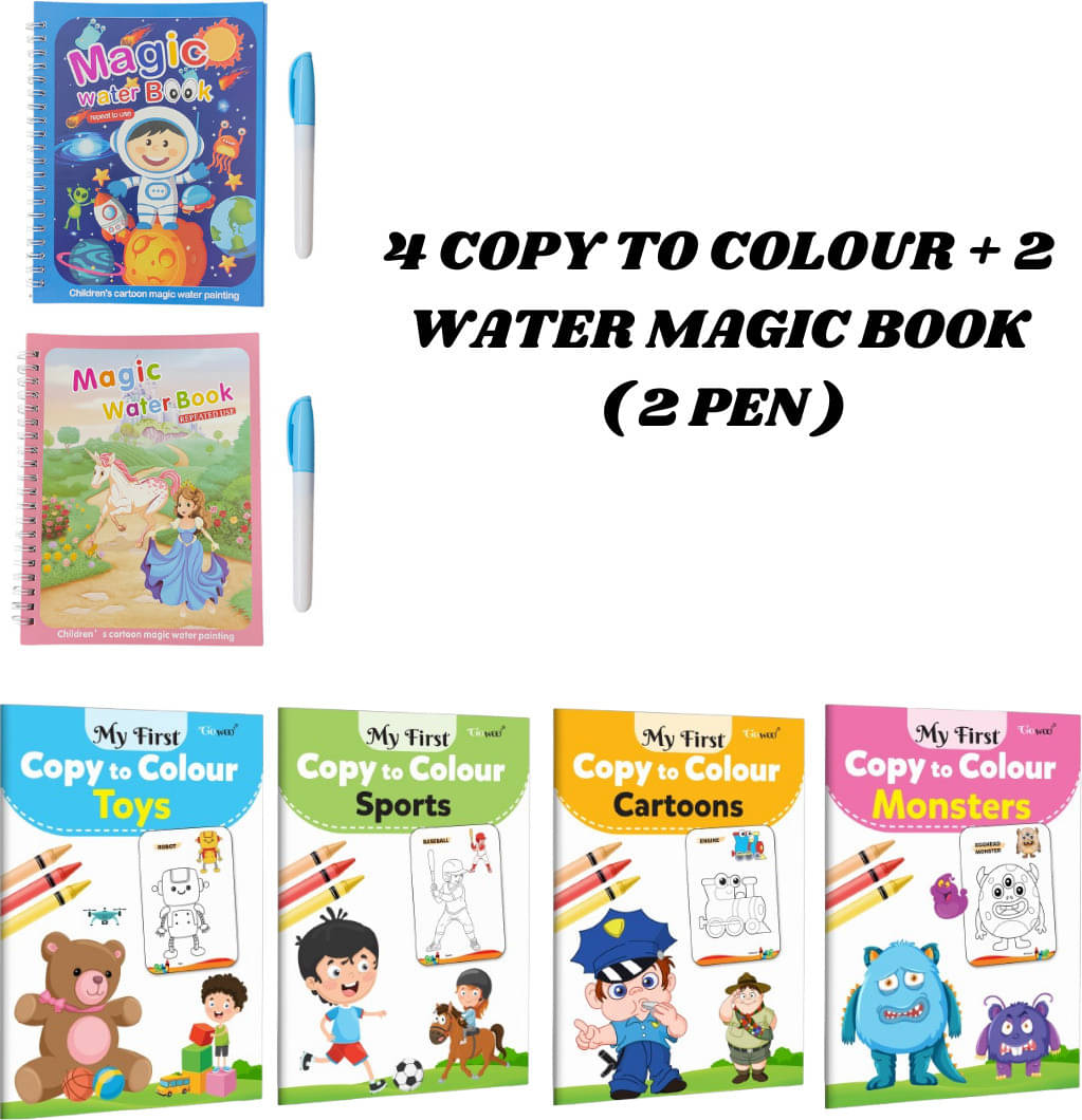 Copy to Colour Book, 4 Titles - Monsters, Sports, Cartoons & Toys | 2 Water Magic Book with 2 Chunky-Size Pen, Space & Princess Theme for Kid's | Reusable Book | Learn & Fun Copy to Colour Book, 4 Titles - Monsters, Sports, Cartoons & Toys | 2 Water Magic Book with 2 Chunky-Size Pen, Space & Princess Theme for Kid's | Reusable Book | Learn & Fun