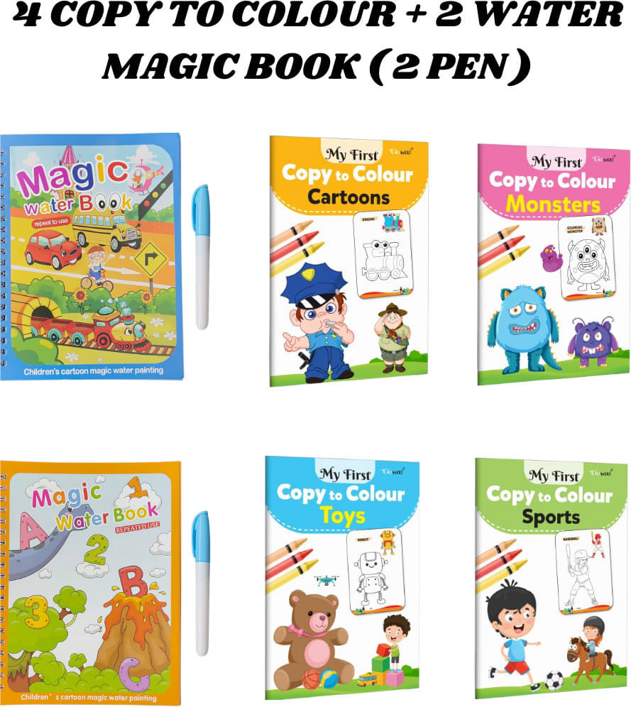 Copy to Colour Book, 4 Titles - Toys, Cartoons, Sports & Monsters | 2 Water Magic Book with 2 Chunky-Size Pen, Alphabet & Car Theme for Kid's | Unlimited Fun with Drawing Copy to Colour Book, 4 Titles - Toys, Cartoons, Sports & Monsters | 2 Water Magic Book with 2 Chunky-Size Pen, Alphabet & Car Theme for Kid's | Unlimited Fun with Drawing
