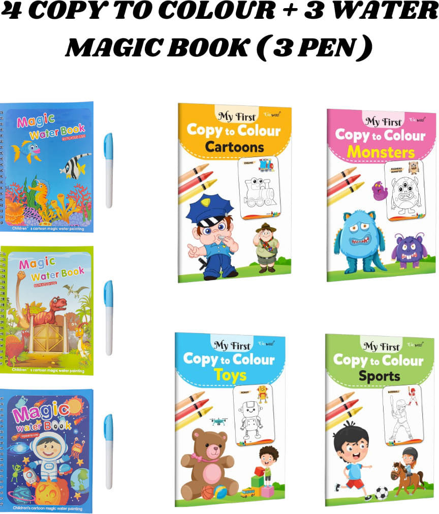 Copy to Colour Book, 4 Titles - Cartoons, Monsters, Toys & Sports | 3 Water Magic Book with 3 Chunky-Size Pen, Aqua, Dino & Space Theme for Kid's | Magic Doodle Pen | Water Quick Dry Painting Book Copy to Colour Book, 4 Titles - Cartoons, Monsters, Toys & Sports | 3 Water Magic Book with 3 Chunky-Size Pen, Aqua, Dino & Space Theme for Kid's | Magic Doodle Pen | Water Quick Dry Painting Book