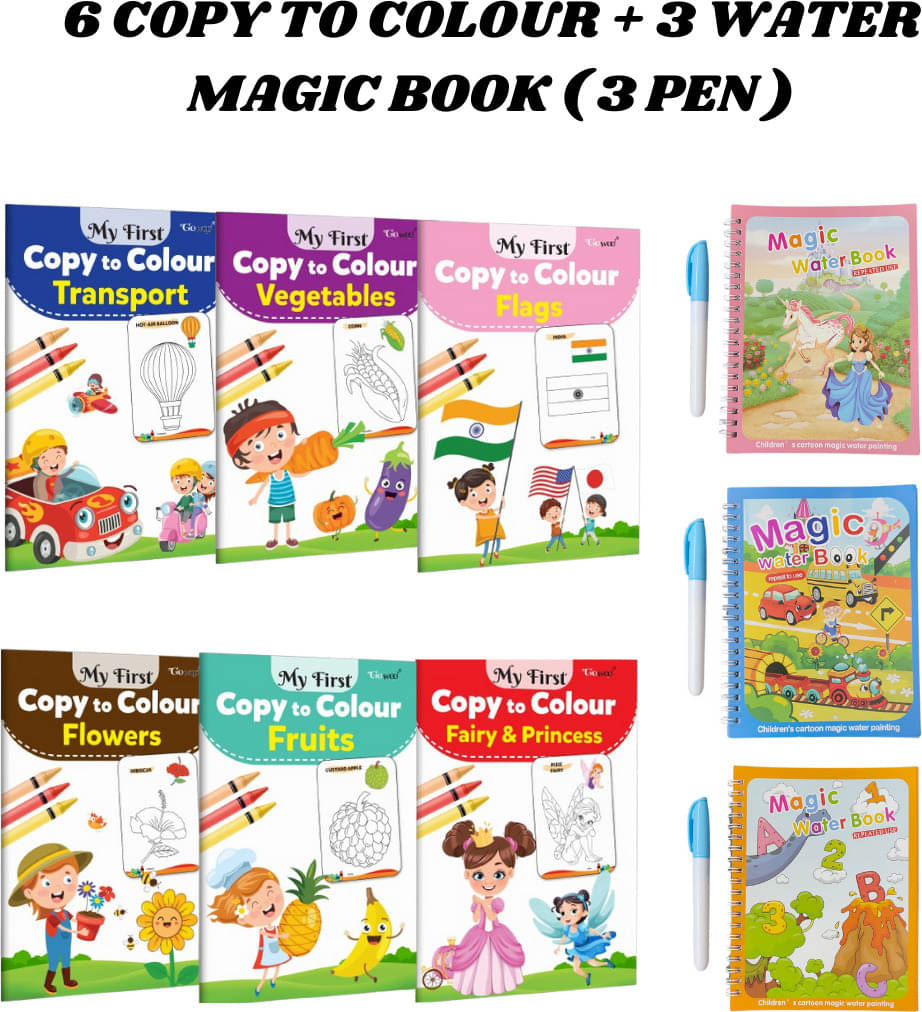     			Copy to Colour Book, 4 Titles - Princess, Transports, Flowers, Vegetables, Fruits & Flags | 3 Water Magic Book with 3 Chunky-Size Pen, Alphabet, Car & Princess Theme | Unlimited Fun with Drawing
