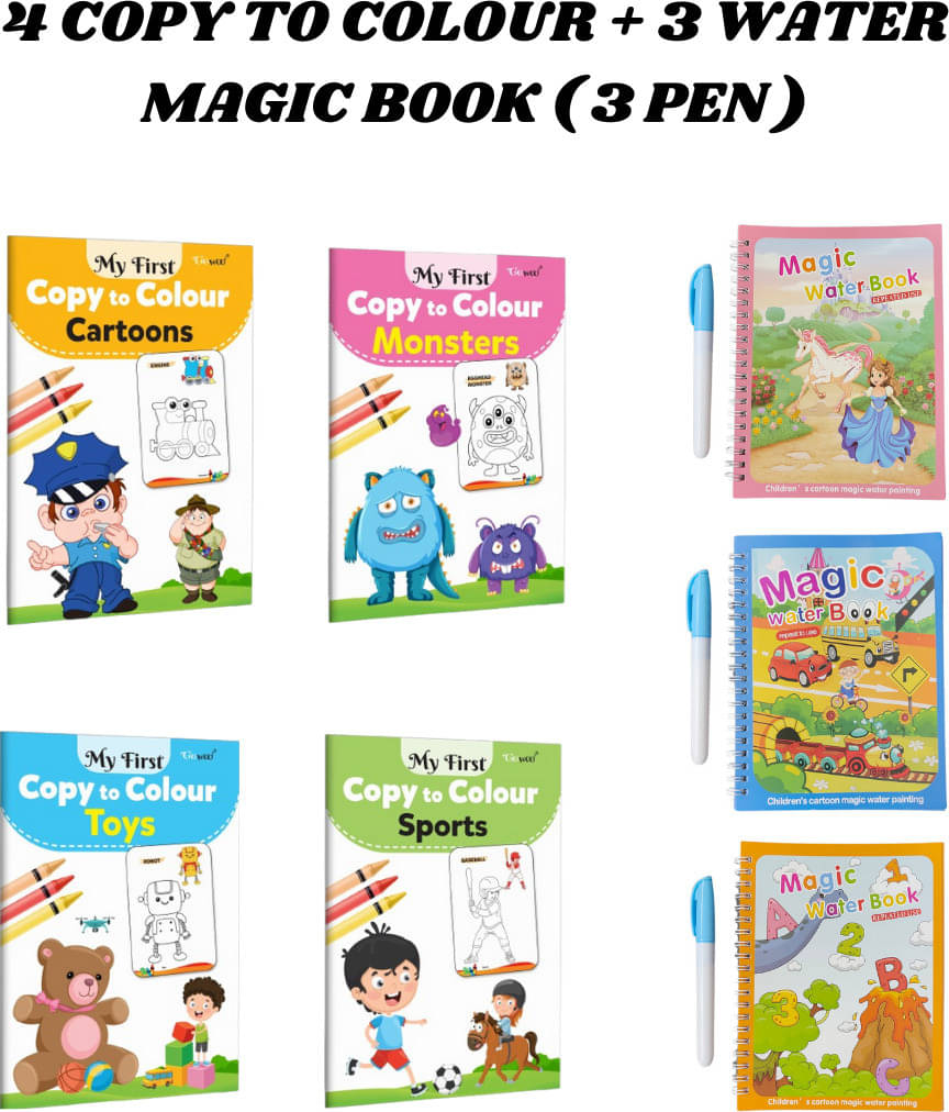     			Copy to Colour Book, 4 Titles - Toys, Cartoons, Sports & Monsters | 3 Water Magic Book with 3 Chunky-Size Pen, Alphabet, Car & Princess Theme for Kid's | Unlimited Fun with Drawing
