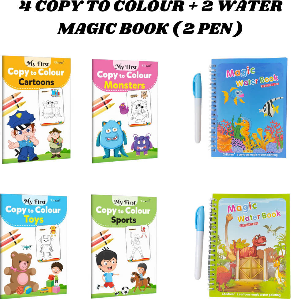     			Copy to Colour Book, 4 Titles - Cartoons, Monsters, Toys & Sports | 2 Water Magic Book with 2 Chunky-Size Pen, Aqua & Dino Theme for Kid's | Magic Doodle Pen | Water Quick Dry Painting Book