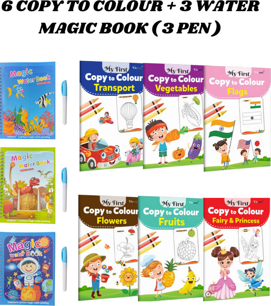     			Copy to Colour Book, 4 Titles - Transports, Vegetables, Flags, Princess, Flowers & Fruits | 3 Water Magic Book with 3 Chunky-Size Pen, Aqua, Dino & Space Theme for Kid's, Water Quick Dry Painting Book