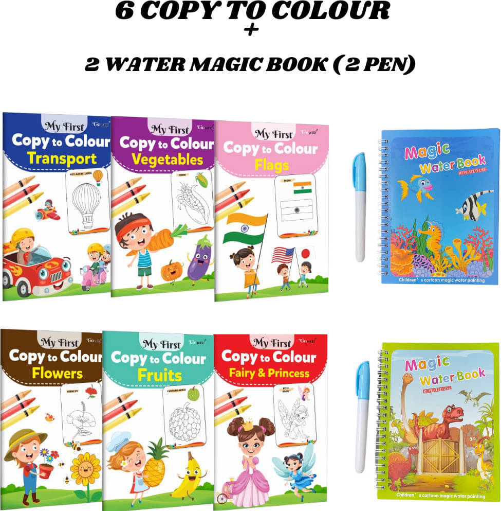 Copy to Colour Book, 4 Titles - Transports, Vegetables, Flags, Princess, Flowers & Fruits | 2 Water Magic Book with 2 Chunky-Size Pen, Aqua & Dino Theme for Kid's | Magic Doodle Pen | Learn & Fun Copy to Colour Book, 4 Titles - Transports, Vegetables, Flags, Princess, Flowers & Fruits | 2 Water Magic Book with 2 Chunky-Size Pen, Aqua & Dino Theme for Kid's | Magic Doodle Pen | Learn & Fun