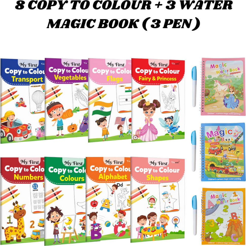 Copy to Colour Book (8 Titles) for Kids | Shapes, Alphabet, Princess, Transports, etc. | 3 Water Magic Book + 3 Chunky-Size Pen | Alphabet, Car & Princess Theme | Unlimited Fun with Drawing Combo Pack for Kids Copy to Colour Book (8 Titles) for Kids | Shapes, Alphabet, Princess, Transports, etc. | 3 Water Magic Book + 3 Chunky-Size Pen | Alphabet, Car & Princess Theme | Unlimited Fun with Drawing Combo Pack for Kids